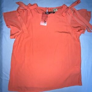 Cafe 7 Orange‎ and Pink Flutter Sleeve Blouse with Tie Front